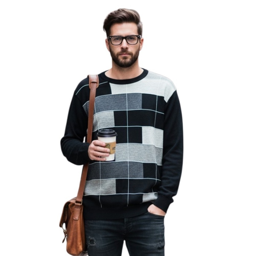 PRONTO UOMO Men's BLACK/GRAY Colorblock WOOL BLEND Biggie Cosby SWEATER Sz XXL